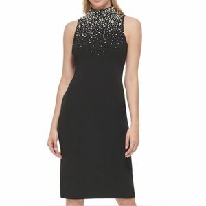 Karl Lagerfeld Black Midi Dress with Pearl Accents
